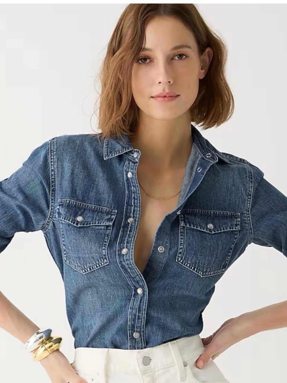 J. Crew Blue Denim Chambray Pearl Button Down Shirt